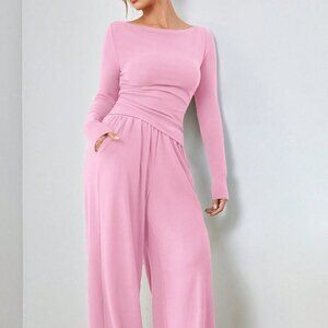 Pink Casual Women's Long Sleeve Blouse And Pants Set